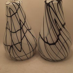 2 Vintage Mid-Century Modern White Glass with Black Abstract Design Lamp Shades